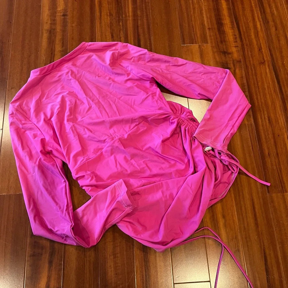 Mott50 Pink Rash Guard‎ Swim Long Sleeve Top Ruche Zip SPF Cover Up Size Medium